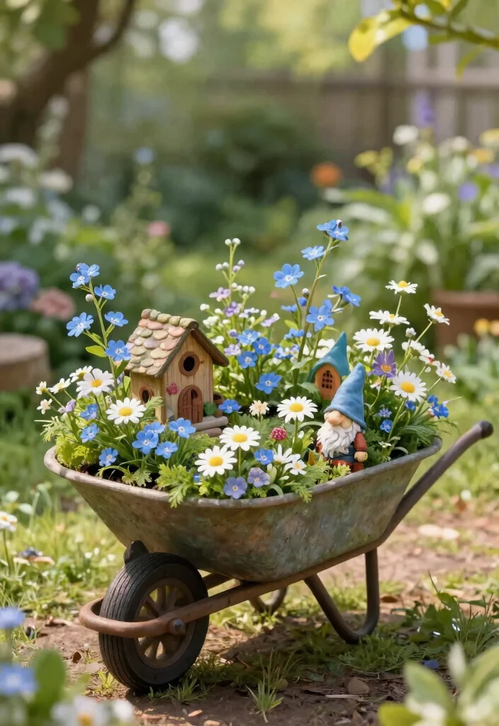 17 Stunning Flowers in Wheelbarrow Ideas Spring Inspiration 8. Whimsical Fairy Garden 0