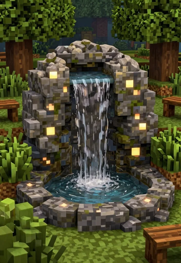 21 Best Minecraft Water Fountain Designs to Build Today 2. Rustic Stone Waterfall 0