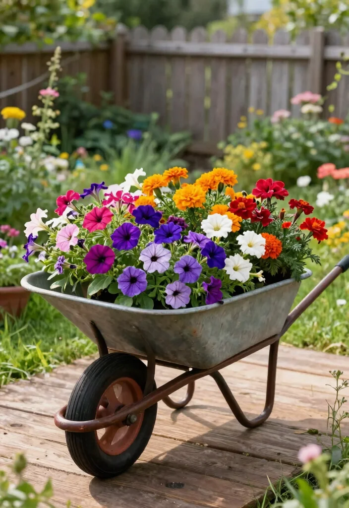 21 Charming Wheelbarrow Planter Ideas for Rustic Gardens 1 21 Charming Wheelbarrow Planter Ideas for Rustic Gardens 1. Classic Floral Display 0