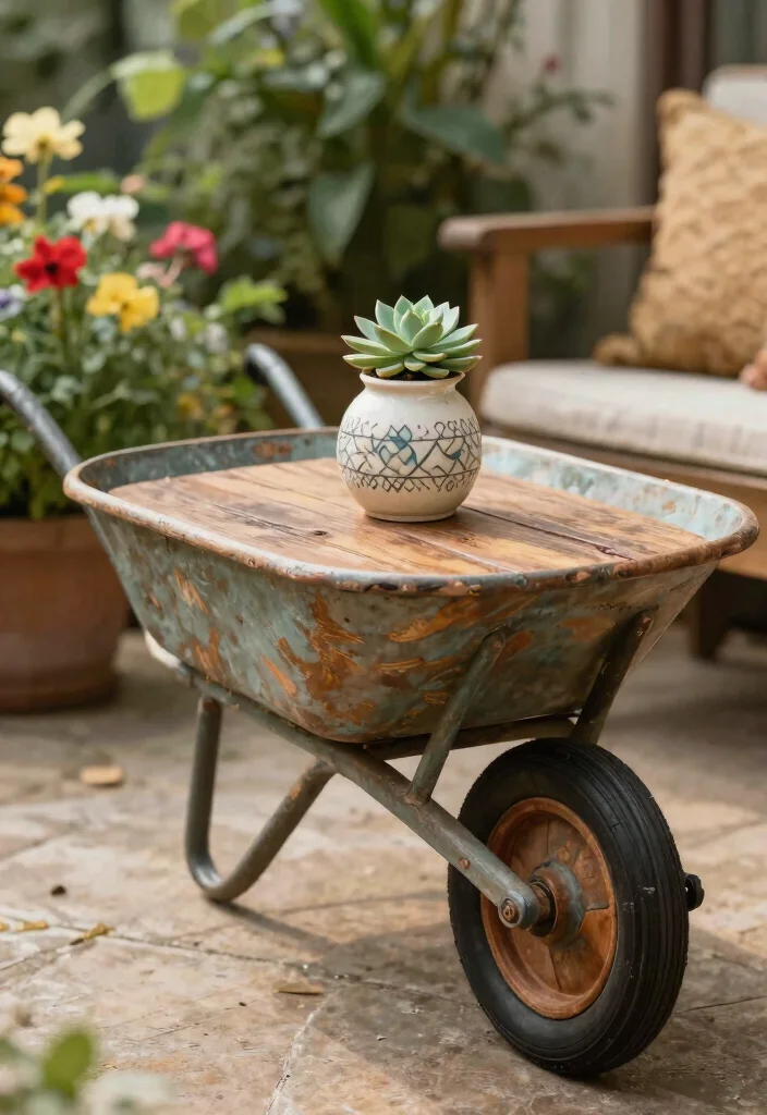 21 Charming Wheelbarrow Planter Ideas for Rustic Gardens 11 21 Charming Wheelbarrow Planter Ideas for Rustic Gardens 11. Rustic Side Table 0