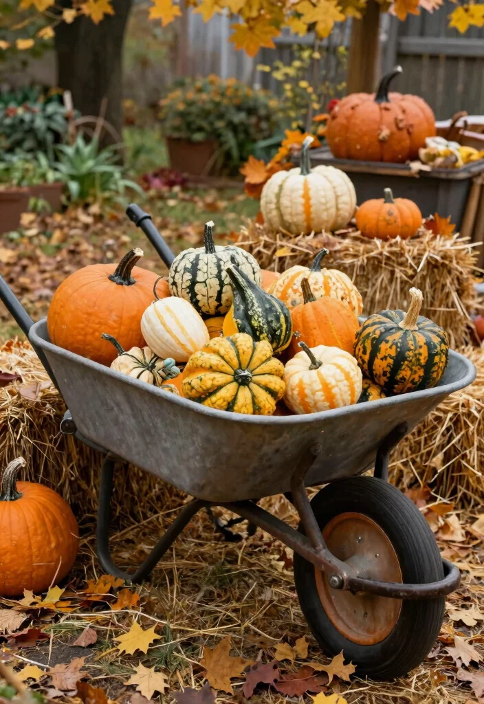 21 Charming Wheelbarrow Planter Ideas for Rustic Gardens 12 21 Charming Wheelbarrow Planter Ideas for Rustic Gardens 12. Seasonal Pumpkin Display 0