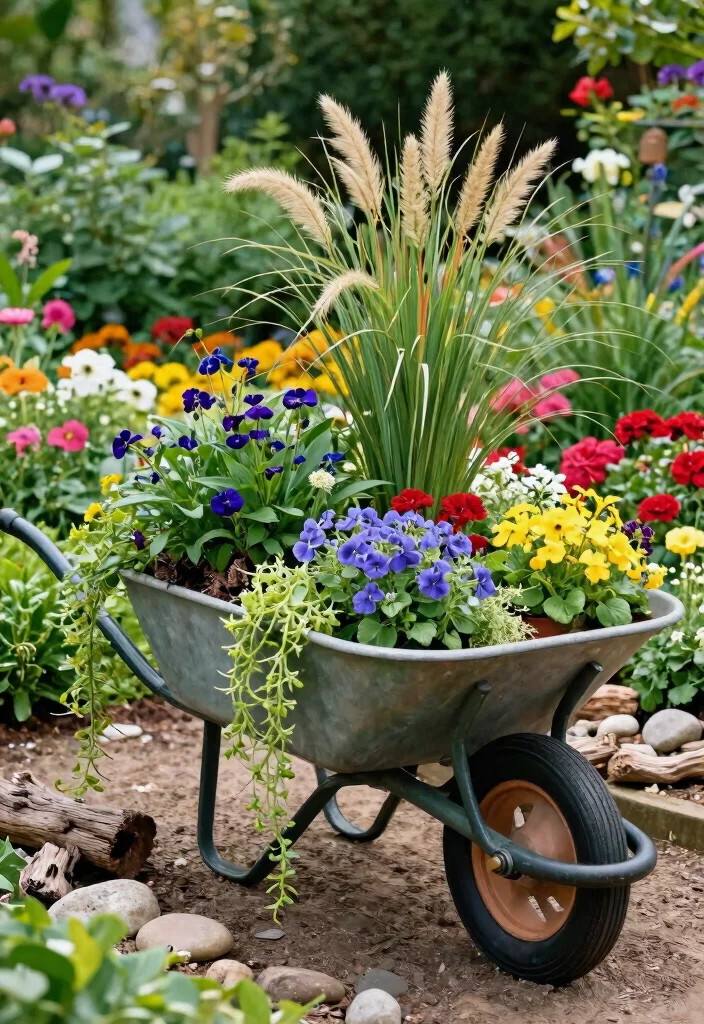21 Charming Wheelbarrow Planter Ideas for Rustic Gardens 20 21 Charming Wheelbarrow Planter Ideas for Rustic Gardens 20. Artistic Container Garden 0