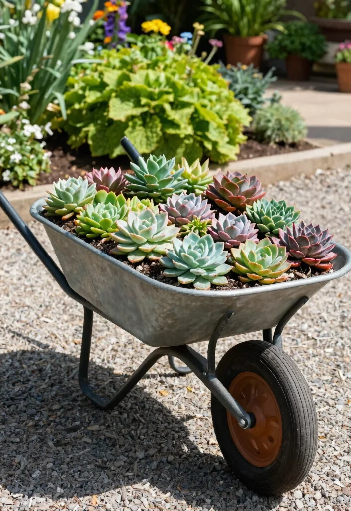 21 Charming Wheelbarrow Planter Ideas for Rustic Gardens 4 21 Charming Wheelbarrow Planter Ideas for Rustic Gardens 4. Succulent Paradise 0