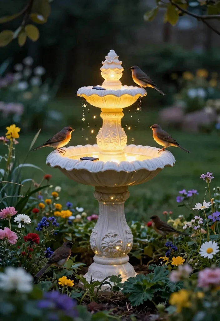 21 Stunning Outdoor Bird Bath Inspiration Photos for Pins 18. Decorative Bird Bath with Light 0