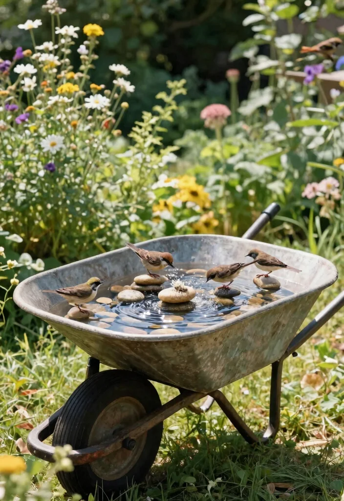 21 Stunning Outdoor Bird Bath Inspiration Photos for Pins 2. Rustic Wheelbarrow Bird Bath 0