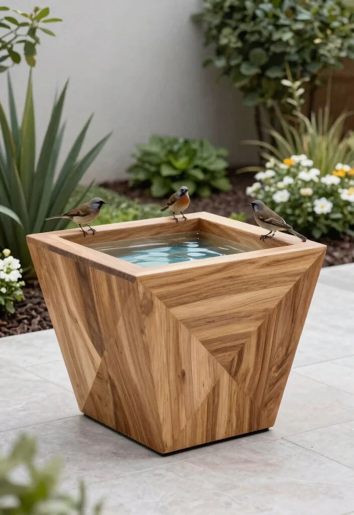 21 Stunning Outdoor Bird Bath Inspiration Photos for Pins 20. Geometric Wooden Bird Bath 0