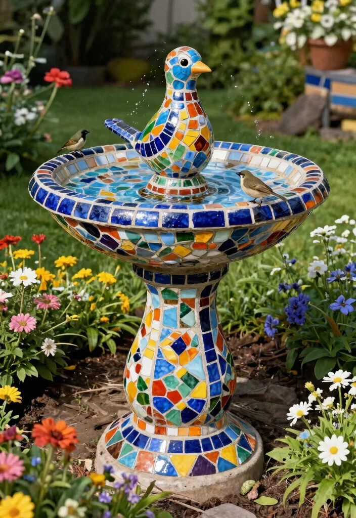 21 Stunning Outdoor Bird Bath Inspiration Photos for Pins 3. Colorful Mosaic Bird Bath 0
