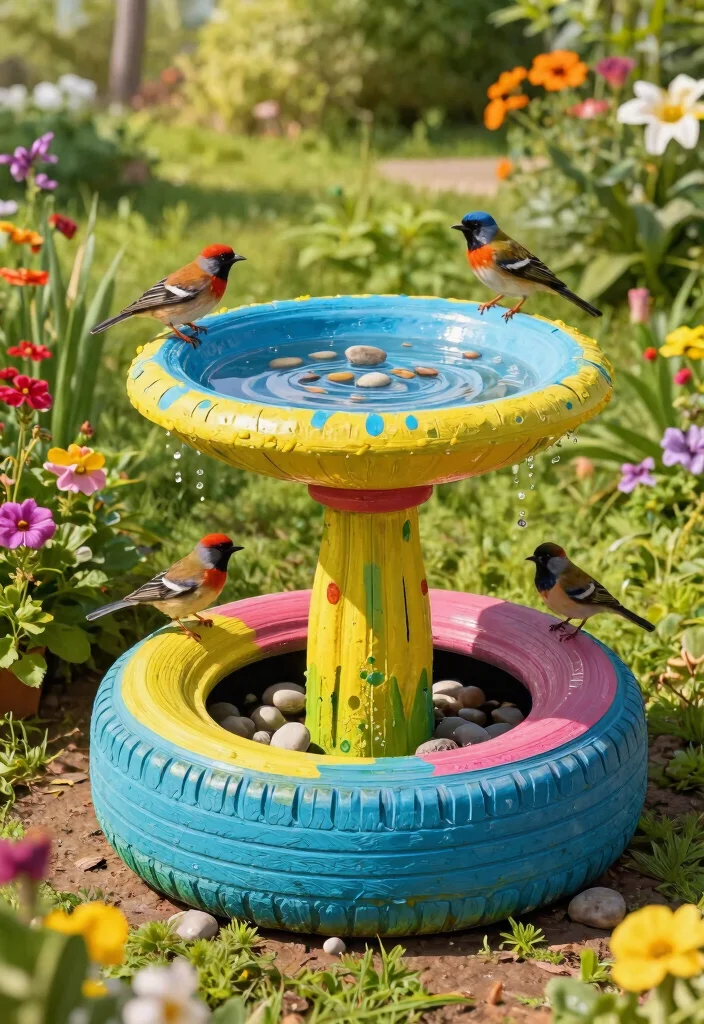 21 Stunning Outdoor Bird Bath Inspiration Photos for Pins 6. Upcycled Tire Bird Bath 0