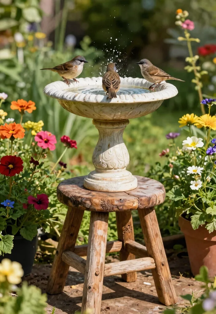 25 Beautiful Bird Bath Ideas for a Dreamy Garden Oasis 12. Vintage Bird Bath on a Reclaimed Stool 0