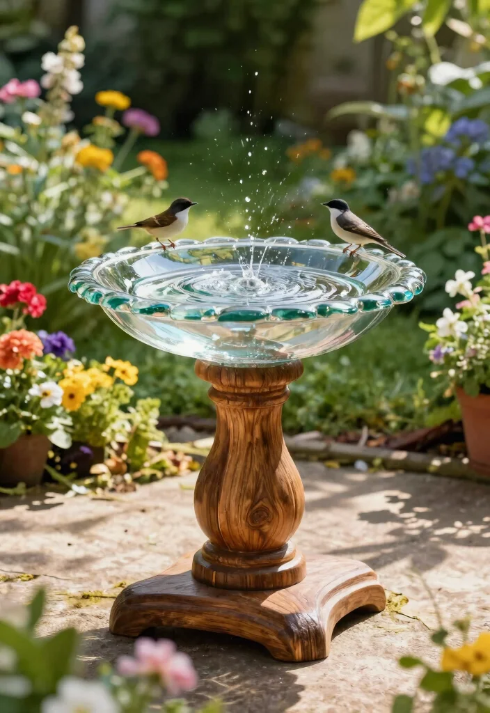 25 Beautiful Bird Bath Ideas for a Dreamy Garden Oasis 24. Glass Bird Bath on a Stained Wood Base 0