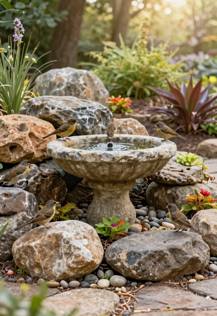 25 Beautiful Bird Bath Ideas for a Dreamy Garden Oasis 6. Stone Bird Bath Embedded in a Rock Garden 0