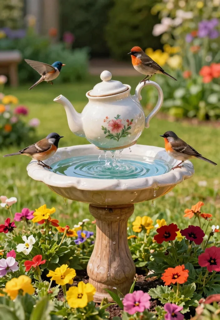 25 Beautiful Bird Bath Ideas for a Dreamy Garden Oasis 7. Upcycled Bird Bath from a Vintage Teapot 0