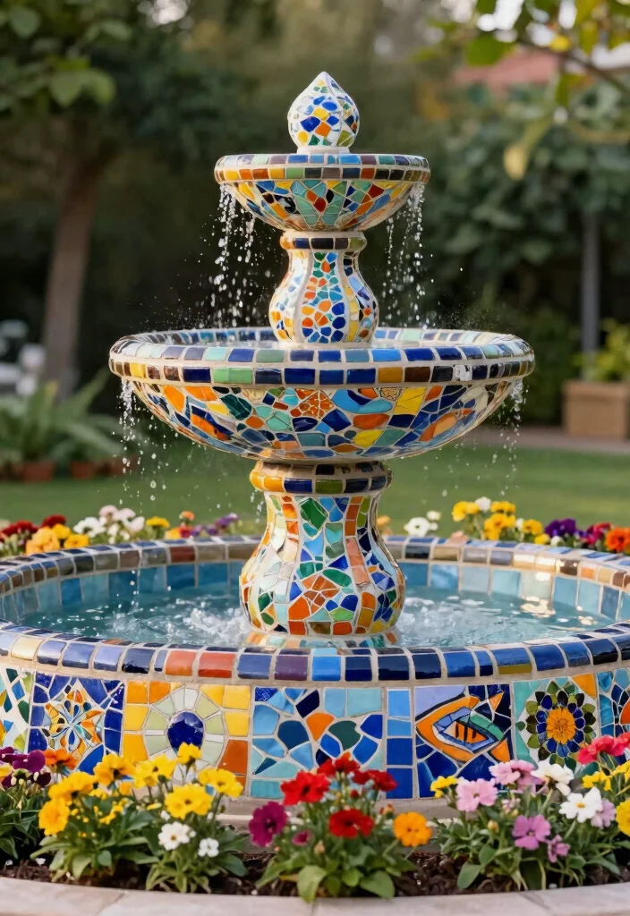 25 Relaxing Water Fountain Ideas for a Backyard Oasis 10. Custom Mosaic Fountain 0