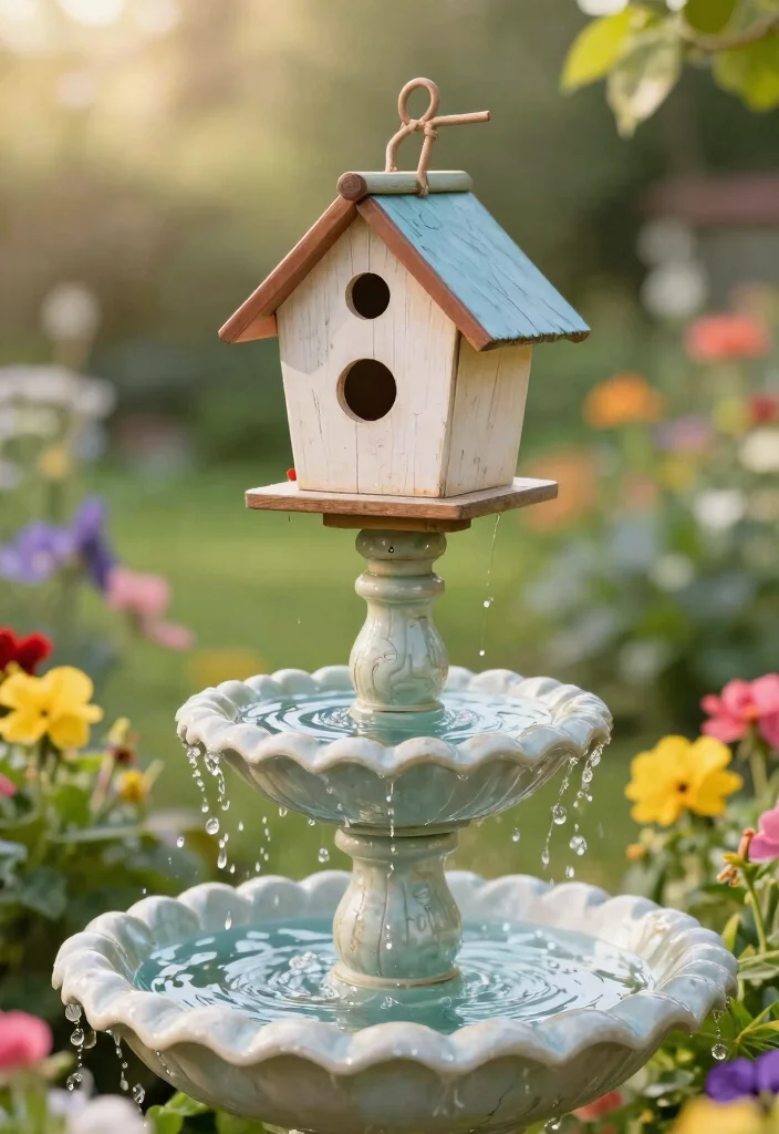 25 Relaxing Water Fountain Ideas for a Backyard Oasis 16. Vintage Birdhouse Fountain 0