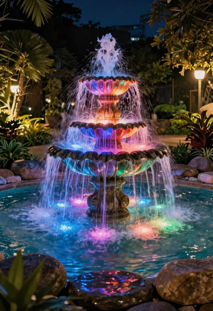 25 Relaxing Water Fountain Ideas for a Backyard Oasis 23. Fountain with LED Lights 0