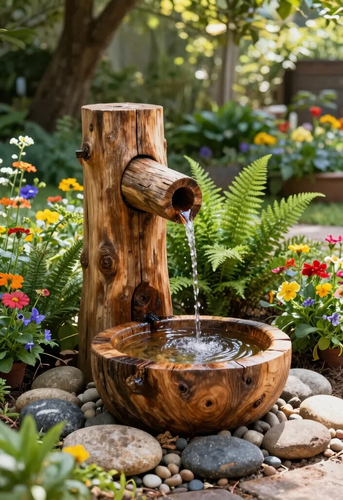 25 Relaxing Water Fountain Ideas for a Backyard Oasis 5. Rustic Wooden Fountain 0