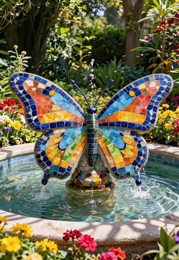 7 Artistic Mosaic Water Fountain Ideas for a Colorful Yard 1. Whimsical Butterfly Mosaic Fountain 0