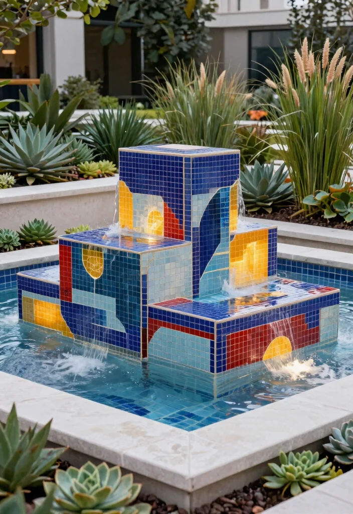 7 Artistic Mosaic Water Fountain Ideas for a Colorful Yard 2. Geometric Tile Fountain 0