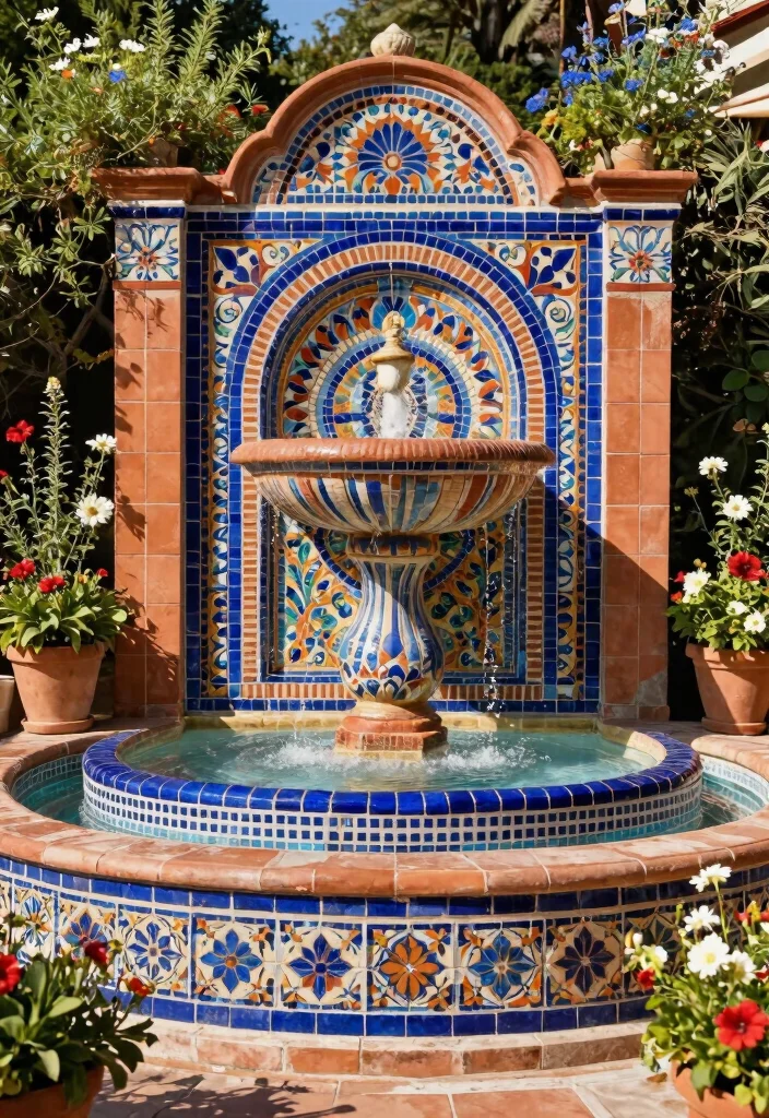 7 Artistic Mosaic Water Fountain Ideas for a Colorful Yard 4. Classic Mediterranean Mosaic Fountain 0