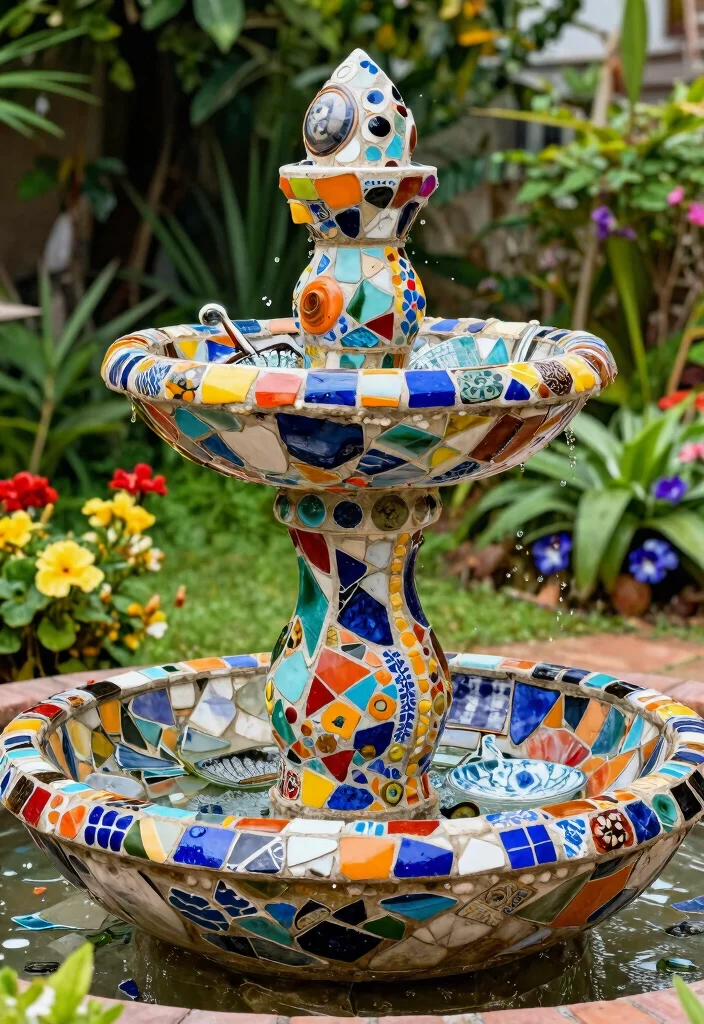 7 Artistic Mosaic Water Fountain Ideas for a Colorful Yard 5. Upcycled Mosaic Fountain 0