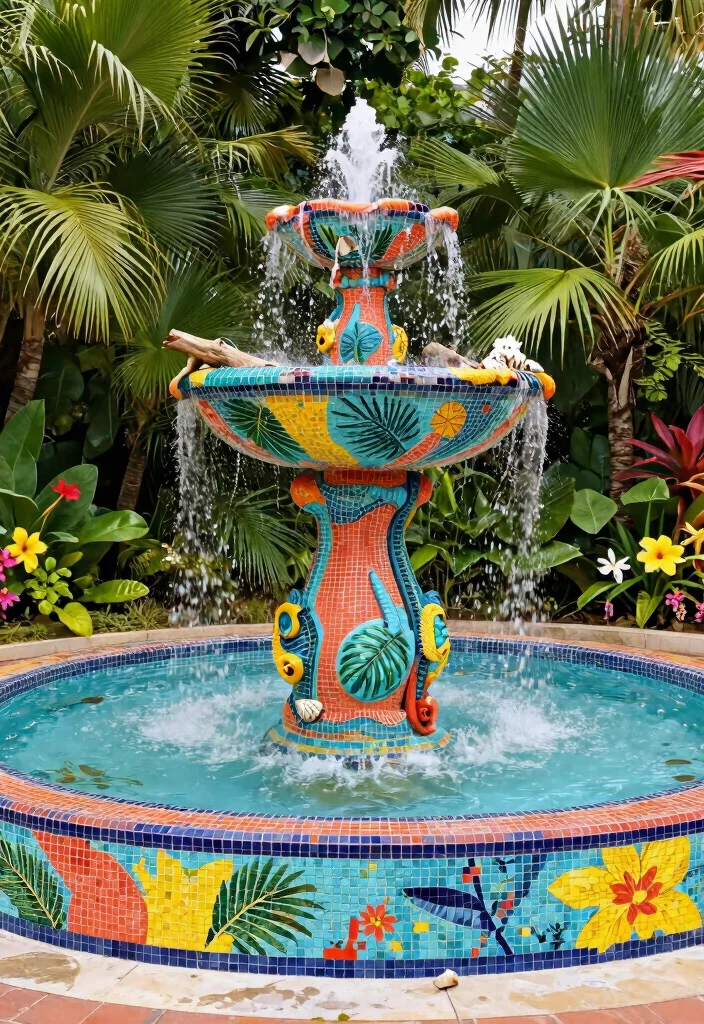 7 Artistic Mosaic Water Fountain Ideas for a Colorful Yard 6. Tropical Themed Mosaic Fountain 0