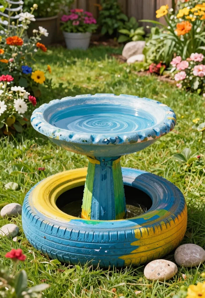 7 Beautiful Bird Bath Bowl Ideas DIY and Upcycled 1. Upcycled Tire Bird Bath 0