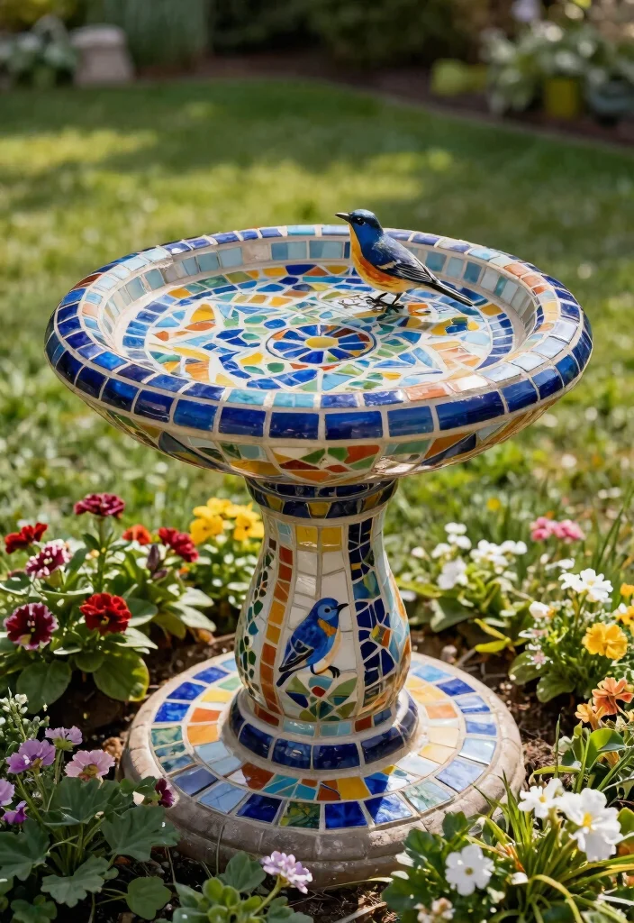 7 Beautiful Bird Bath Bowl Ideas DIY and Upcycled 6. Mosaic Tile Bird Bath 0