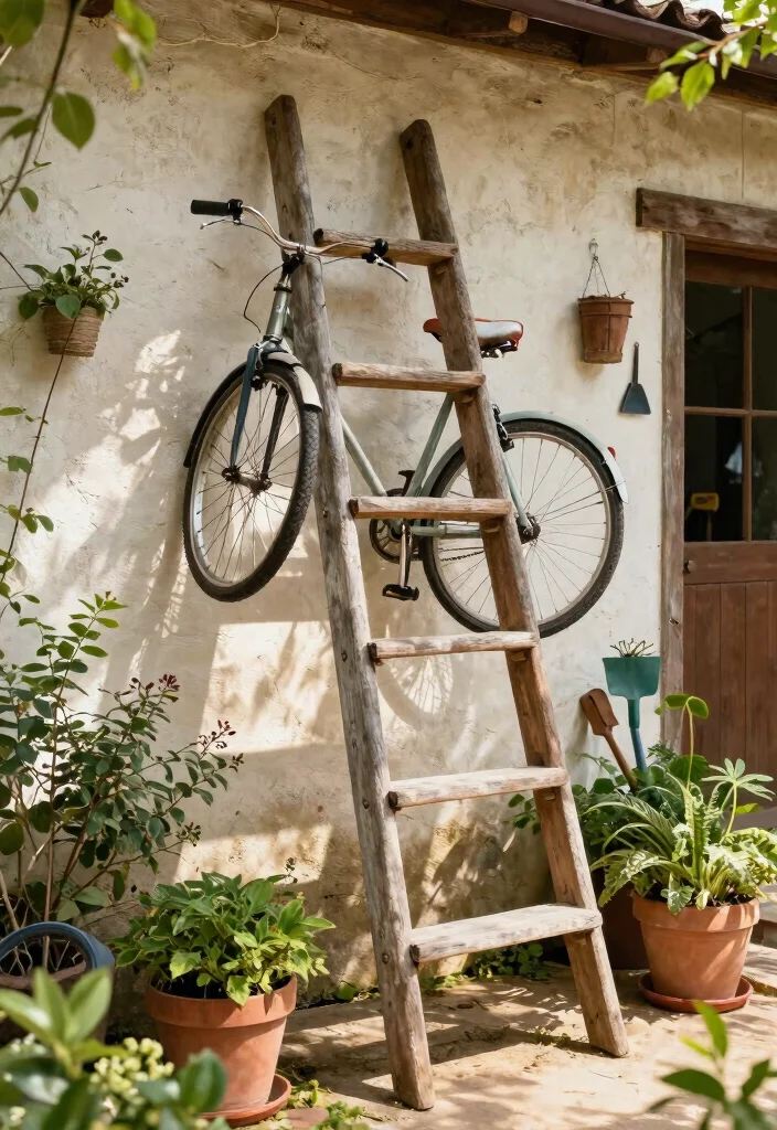 7 Beautiful Rustic Bike Storage Ideas Farmhouse Style 2. Vintage Ladder Display 0