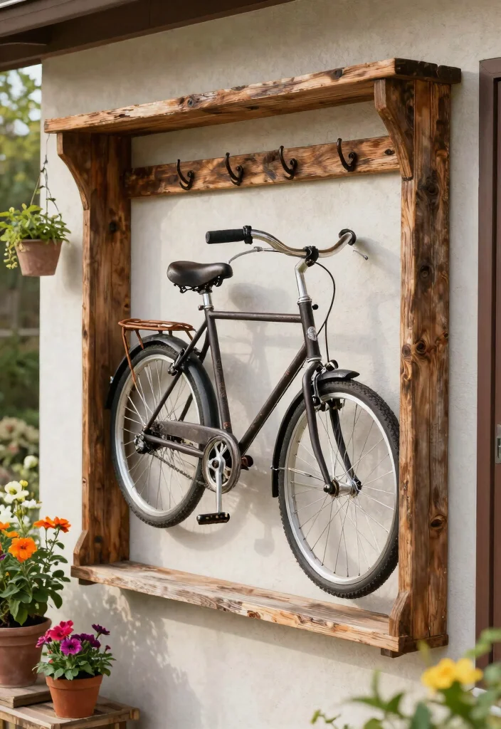 7 Beautiful Rustic Bike Storage Ideas Farmhouse Style 7. Reclaimed Wood Frame with Hooks 0