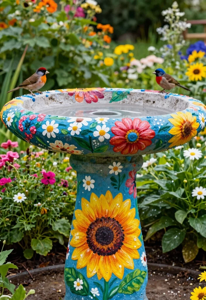 7 Best Bird Bath Painting Ideas Concrete Makeover Tips 1. Floral Paradise 0