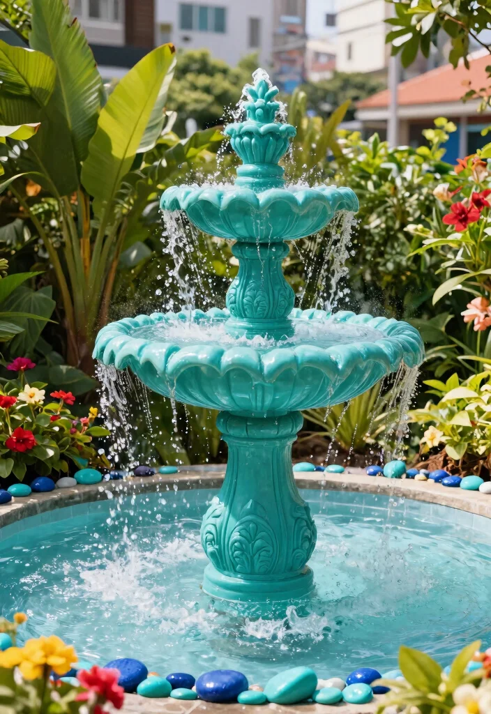 7 Best Water Fountain Color Ideas to Pop in Your Yard 2. Bold Turquoise for a Splash of Fun 0
