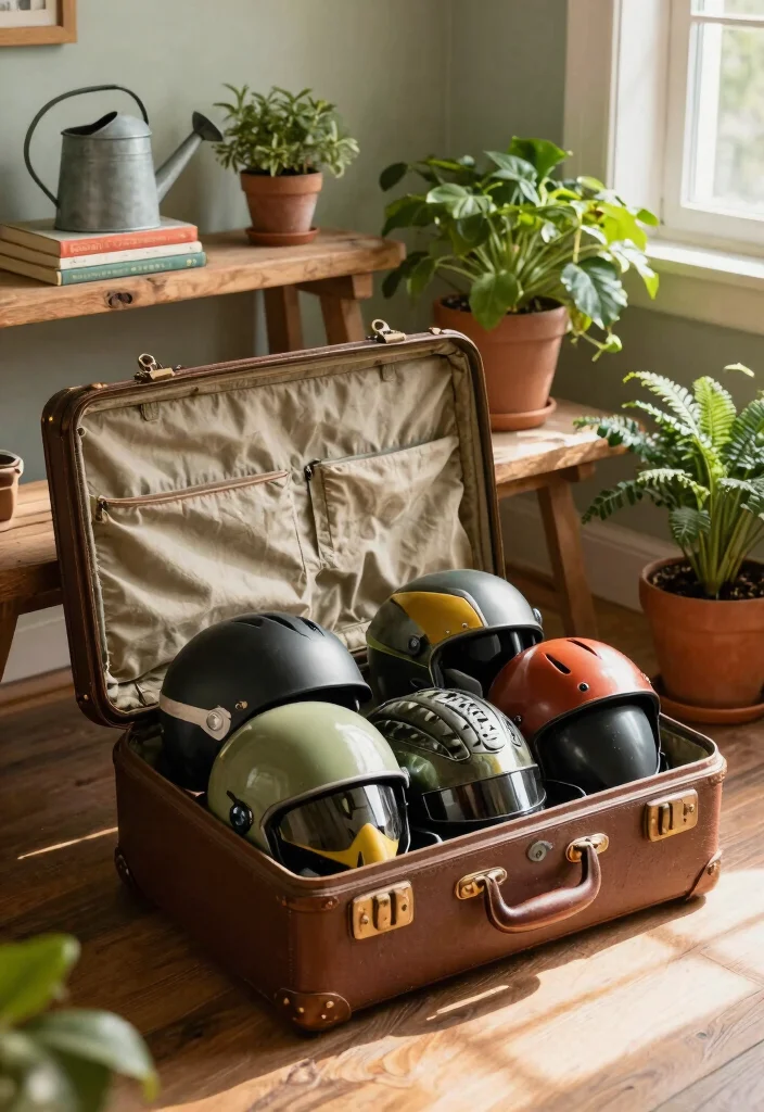 7 Brilliant Bike Helmet Storage Ideas for a Tidy Entryway 2. Repurposed Vintage Suitcases 0