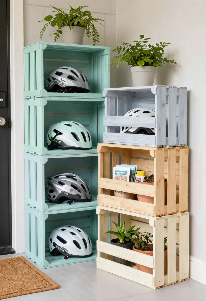 7 Brilliant Bike Helmet Storage Ideas for a Tidy Entryway 3. DIY Wooden Crate Storage 0