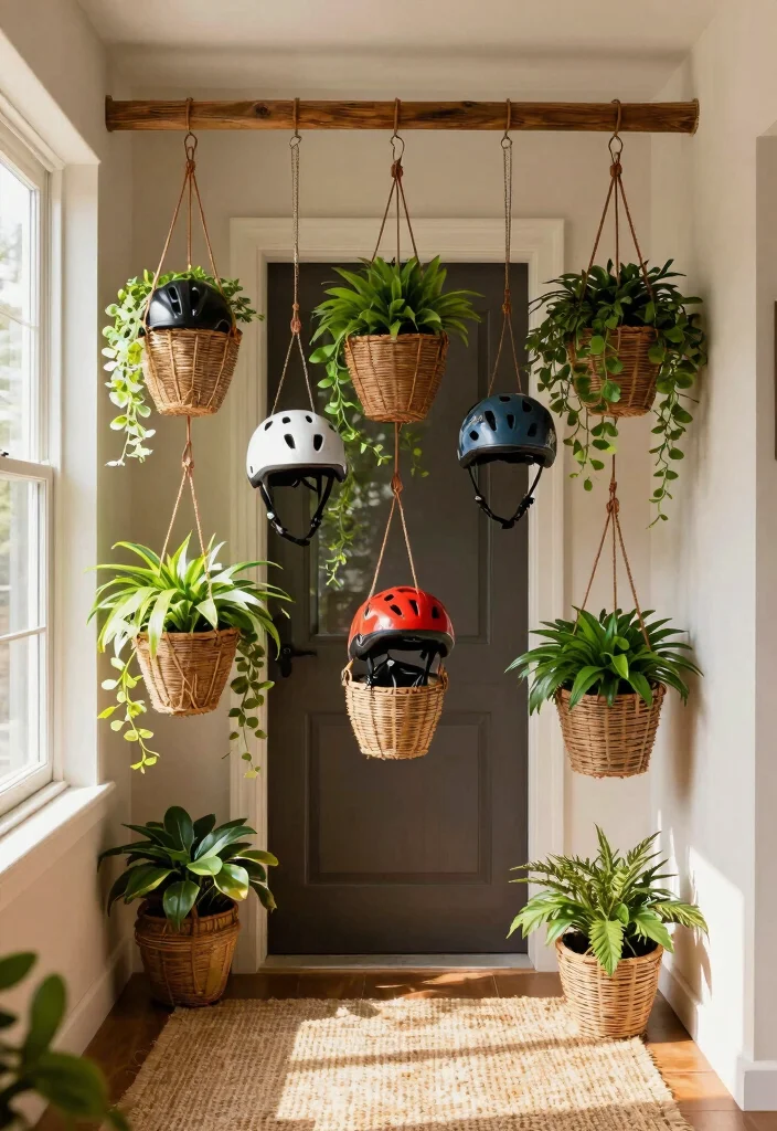 7 Brilliant Bike Helmet Storage Ideas for a Tidy Entryway 5. Hanging Baskets for Helmet Storage 0