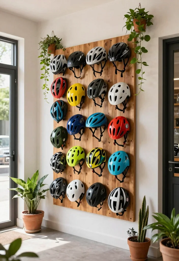 7 Brilliant Bike Helmet Storage Ideas for a Tidy Entryway 6. Eco Friendly Wall Art with Bike Helmets 0