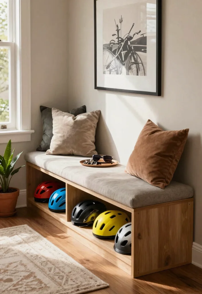 7 Brilliant Bike Helmet Storage Ideas for a Tidy Entryway 7. Stylish Bench with Built in Storage 0