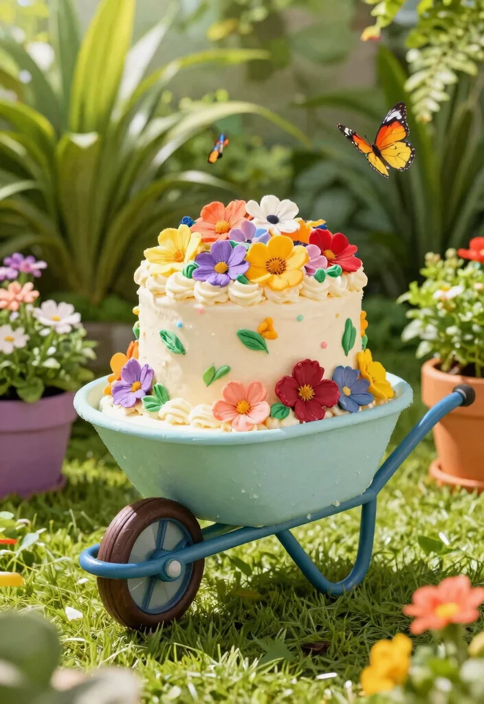 7 Cute Wheelbarrow Cake Ideas for Gardener Birthdays 1. Flower Power Wheelbarrow Cake 0