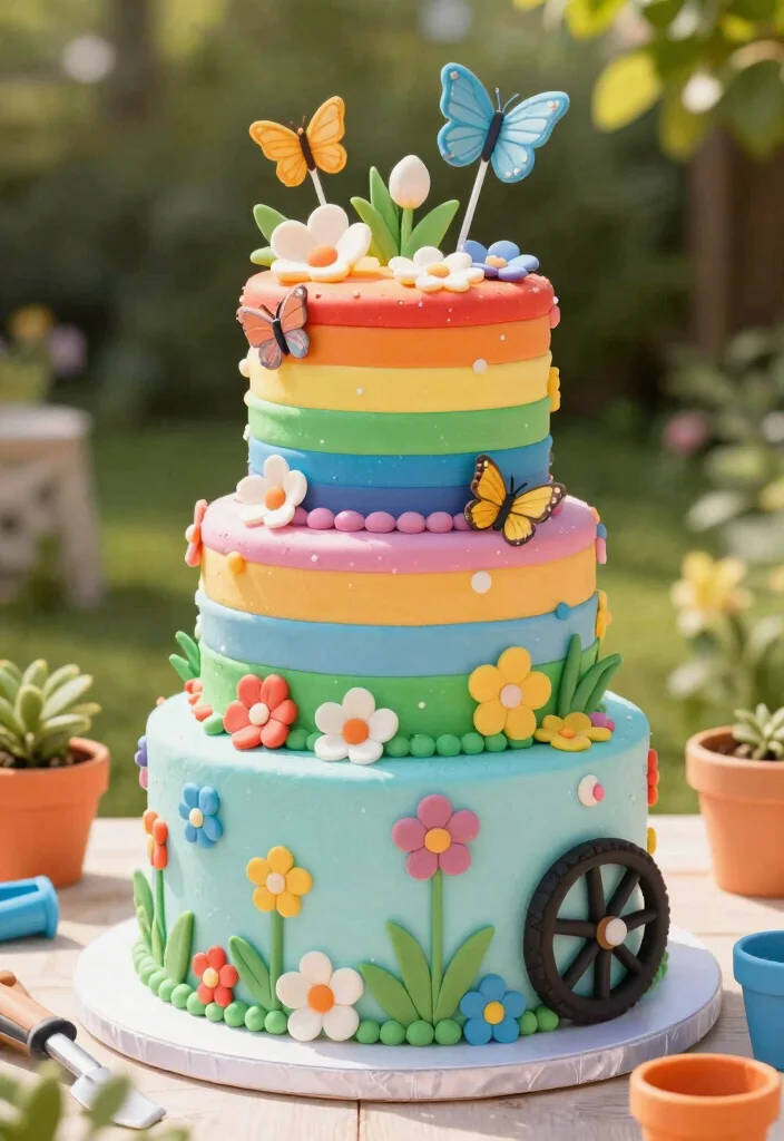 7 Cute Wheelbarrow Cake Ideas for Gardener Birthdays 3. Rainbow Garden Wheelbarrow Cake 0