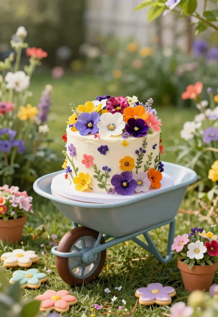 7 Cute Wheelbarrow Cake Ideas for Gardener Birthdays 7. Edible Flower Wheelbarrow Cake 0
