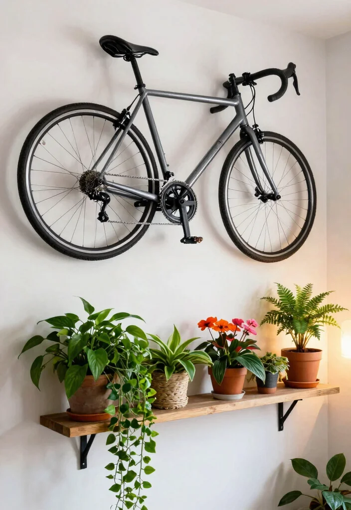 7 Easy Commuter Bike Storage Ideas for Daily Riders 6. Bicycle Hooks with Plant Shelving 0