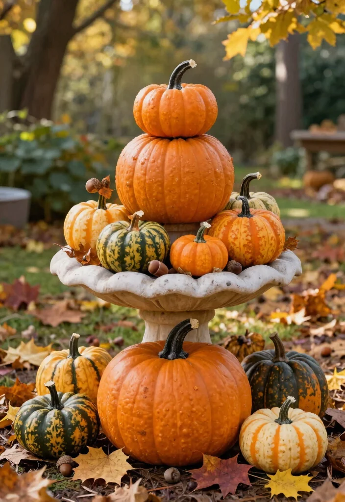 7 Festive Fall Bird Bath Decorating Ideas with Pumpkins 1. Pumpkin Stack Delight 0
