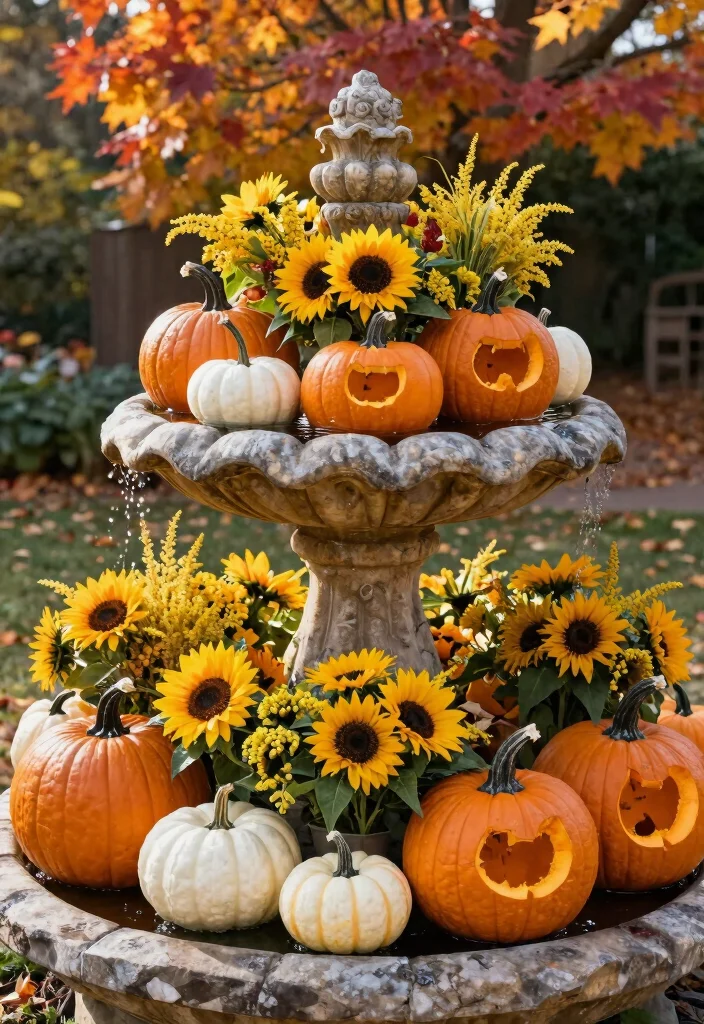 7 Festive Fall Bird Bath Decorating Ideas with Pumpkins 2. Pumpkin Floral Oasis 0