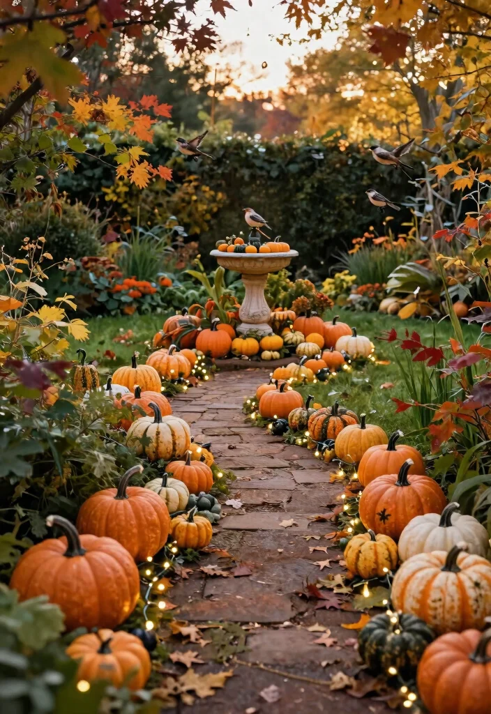 7 Festive Fall Bird Bath Decorating Ideas with Pumpkins 3. Whimsical Pumpkin Pathway 0