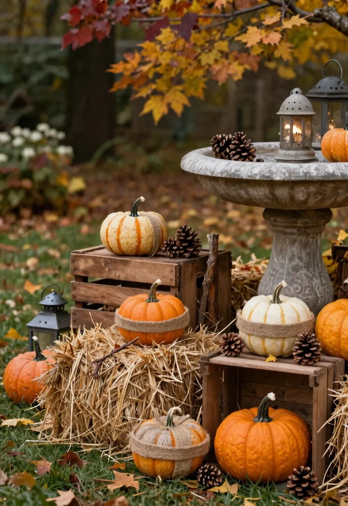 7 Festive Fall Bird Bath Decorating Ideas with Pumpkins 4. Rustic Pumpkin Accents 0