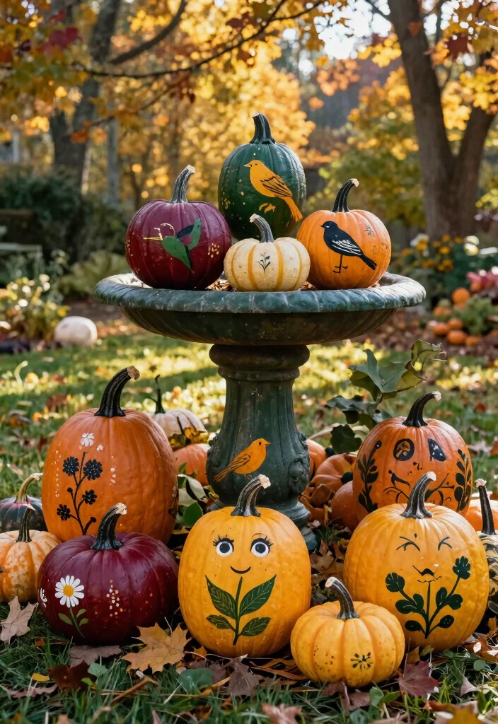 7 Festive Fall Bird Bath Decorating Ideas with Pumpkins 5. Painted Pumpkin Paradise 0
