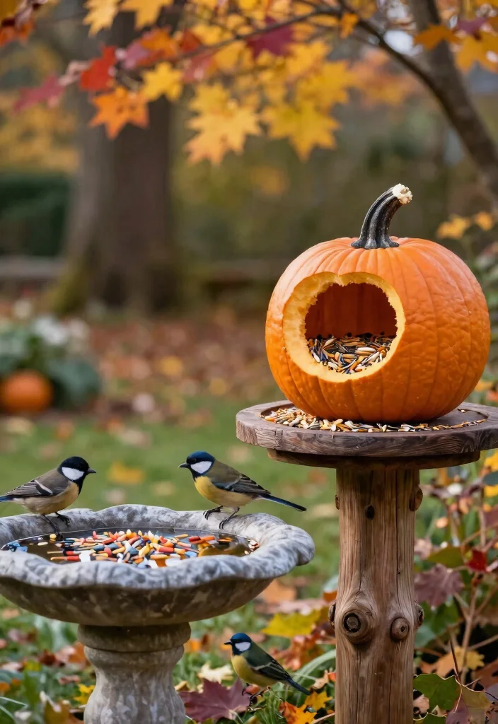 7 Festive Fall Bird Bath Decorating Ideas with Pumpkins 6. Pumpkin Bird Feeder Combo 0