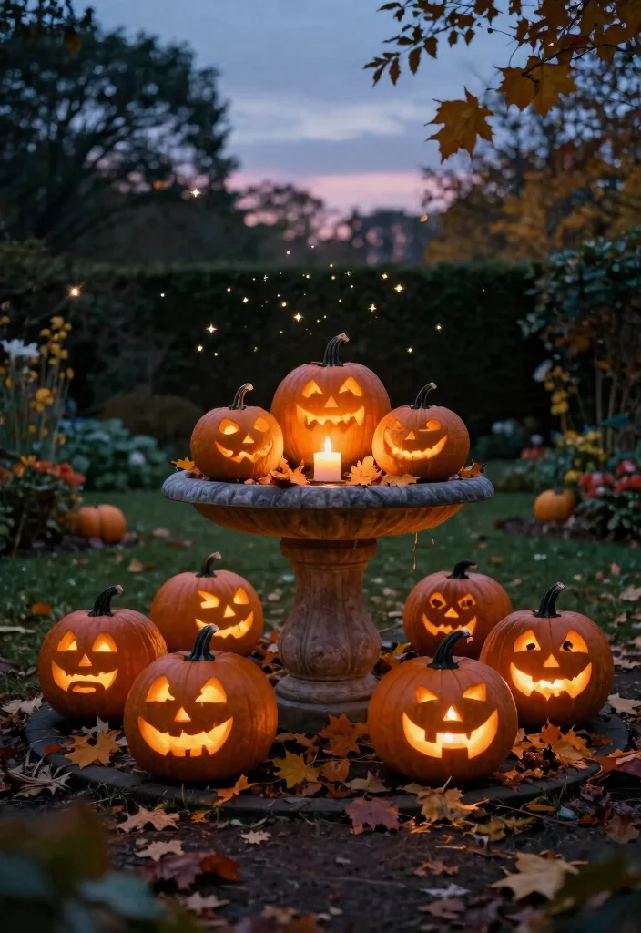 7 Festive Fall Bird Bath Decorating Ideas with Pumpkins 7. Seasonal Charm with Candlelit Pumpkins 0