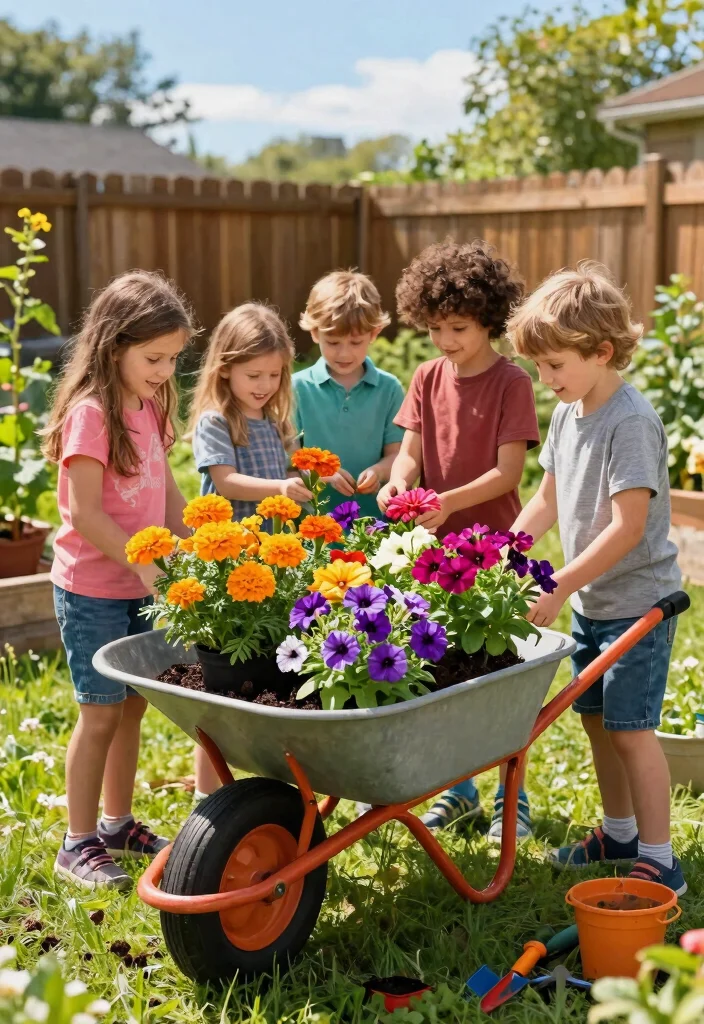 7 Fun Wheelbarrow Garden Ideas for Kids to Learn Planting 1. Colorful Flower Wheelbarrow 0