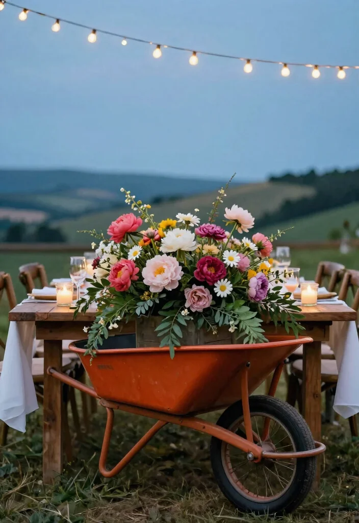 7 Romantic Wheelbarrow Wedding Ideas for Country Venues 1. Floral Wheelbarrow Centerpieces 0