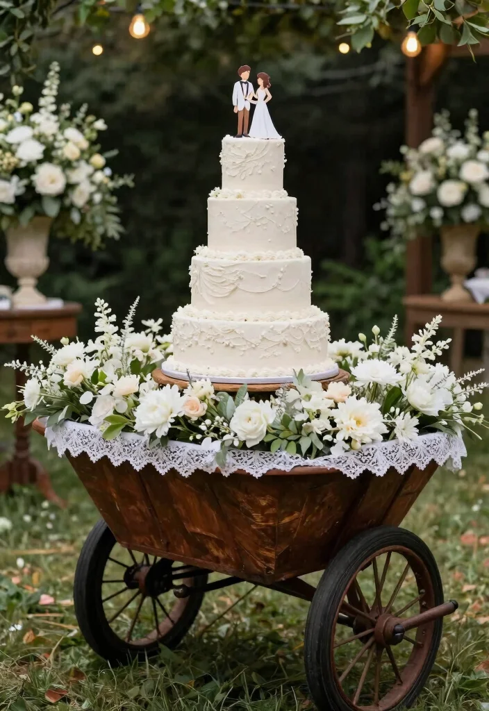 7 Romantic Wheelbarrow Wedding Ideas for Country Venues 4. Wheelbarrow Wedding Cake Display 0